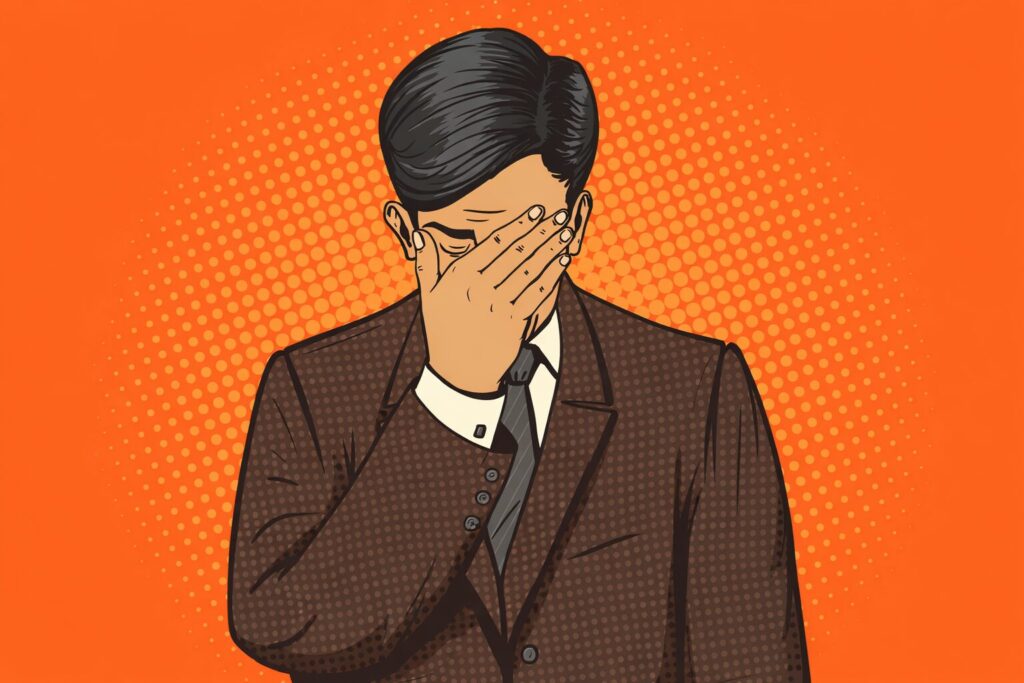 Illustration of a man in a suit covering his face with one hand, set against an orange background with a dotted pattern—conveying the frustration often faced under IRC 280E marijuana tax regulations.