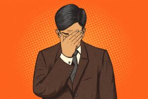 Illustration of a man in a suit covering his face with one hand, set against an orange background with a dotted pattern—conveying the frustration often faced under IRC 280E marijuana tax regulations.
