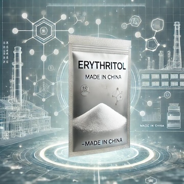 A package of erythritol with "Made in China" label is displayed against a digital industrial background with schematic designs and factory images.