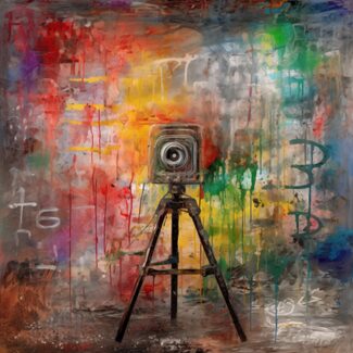 Abstract painting of a vintage camera on a tripod with a colorful, textured background featuring reds, greens, yellows, and blues.