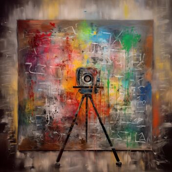 A vintage camera on a tripod is positioned in front of a colorful abstract painting with various shapes and brushstrokes.