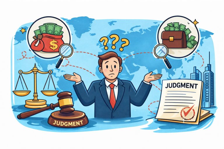 A confused man stands between symbols of money, justice scales, and a judgment document, representing a financial or legal decision dilemma in the context of international litigation.