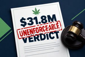 Legal document with a green cannabis leaf, “$31.8M VERDICT” text, “UNENFORCEABLE” stamped in red, and a judge’s gavel to the right.