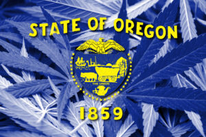 Oregon state seal and text overlay on a background of blue-tinted Oregon cannabis leaves.