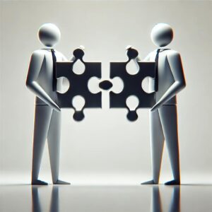 Two simplistic, humanoid figures in business attire are standing and holding interlocking puzzle pieces, symbolizing collaboration or problem-solving. Partnership dispute lawyers.