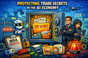 An illustration shows a vault labeled "Top Secret," guarded by a robot and professionals, with NDA documents, security devices, and technology icons symbolizing AI and data protection—highlighting the need to protect your trade secrets.