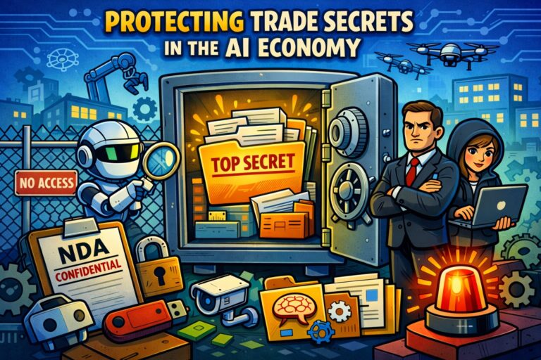 An illustration shows a vault labeled "Top Secret," guarded by a robot and professionals, with NDA documents, security devices, and technology icons symbolizing AI and data protection—highlighting the need to protect your trade secrets.