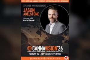 A promotional poster for Cannavision’26 featuring Jason Adelstone, Attorney, MBA, with event details and a professional headshot.